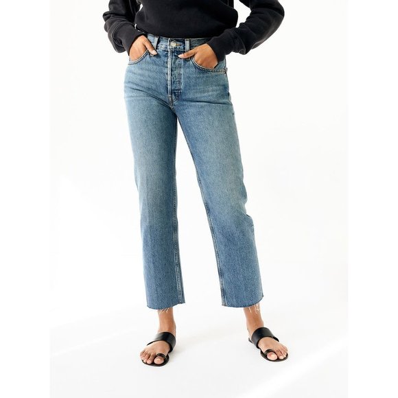 Re/Done Womens Jeans High Rise Stove Pipe Medium Vain Wash Button Fly 28
